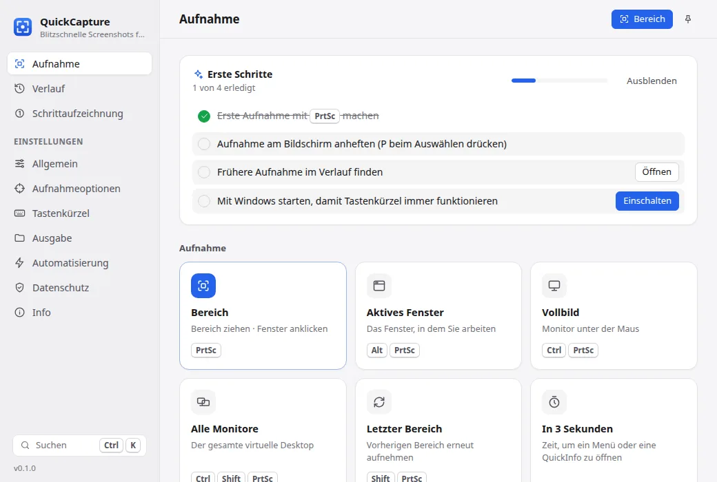 QuickCapture-Startseite mit Aufnahmemodi und letzten Screenshots