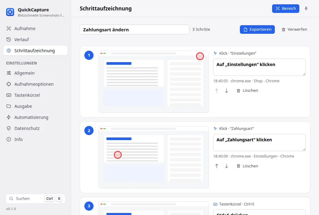 Schrittaufzeichnung mit nummerierten Screenshots und automatischen Beschreibungen