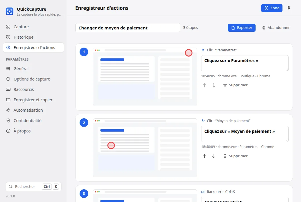 Enregistreur d'actions avec captures numérotées et descriptions automatiques